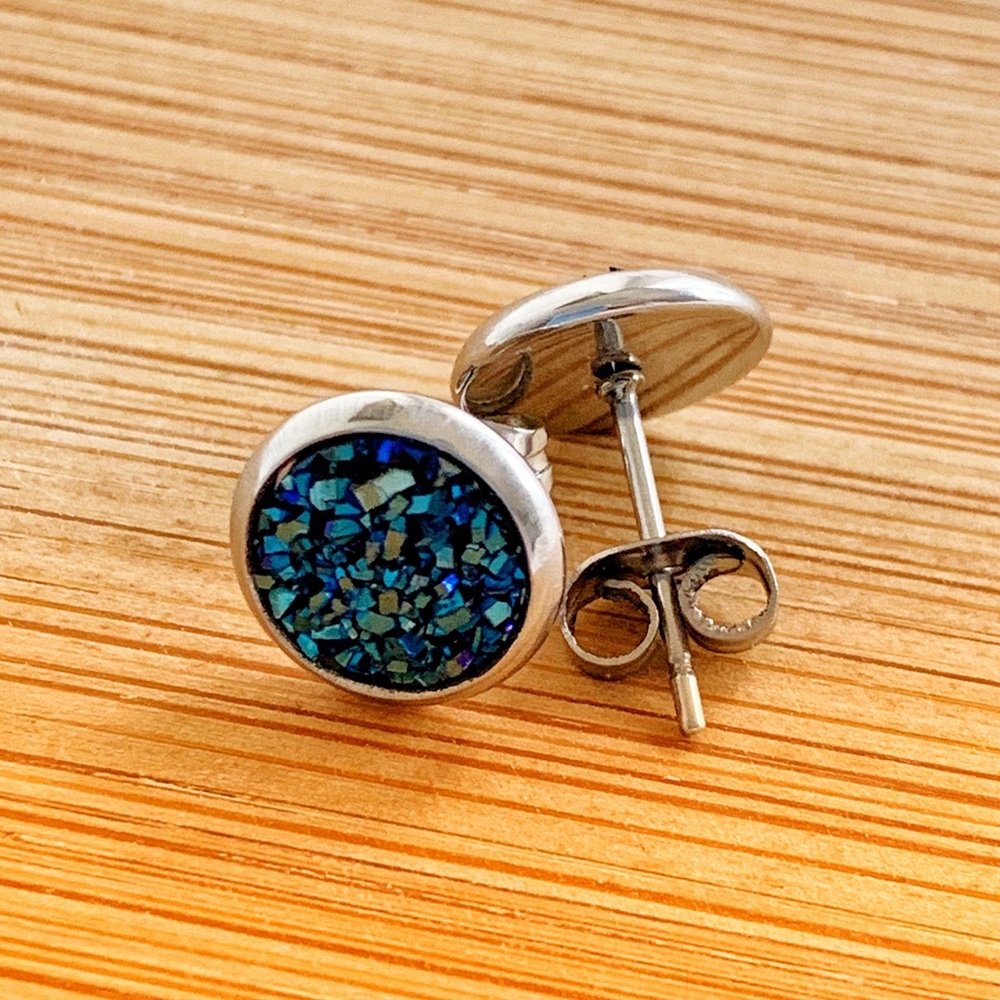 NWT Blue Druzy Surgical Steel Stud Earrings – 8mm, Hypoallergenic - Picture 8 of 10